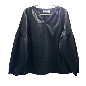 Denim & Co Women's Black Zebra Jacquard Balloon Sleeve V-Neck Blouse XL Neutral